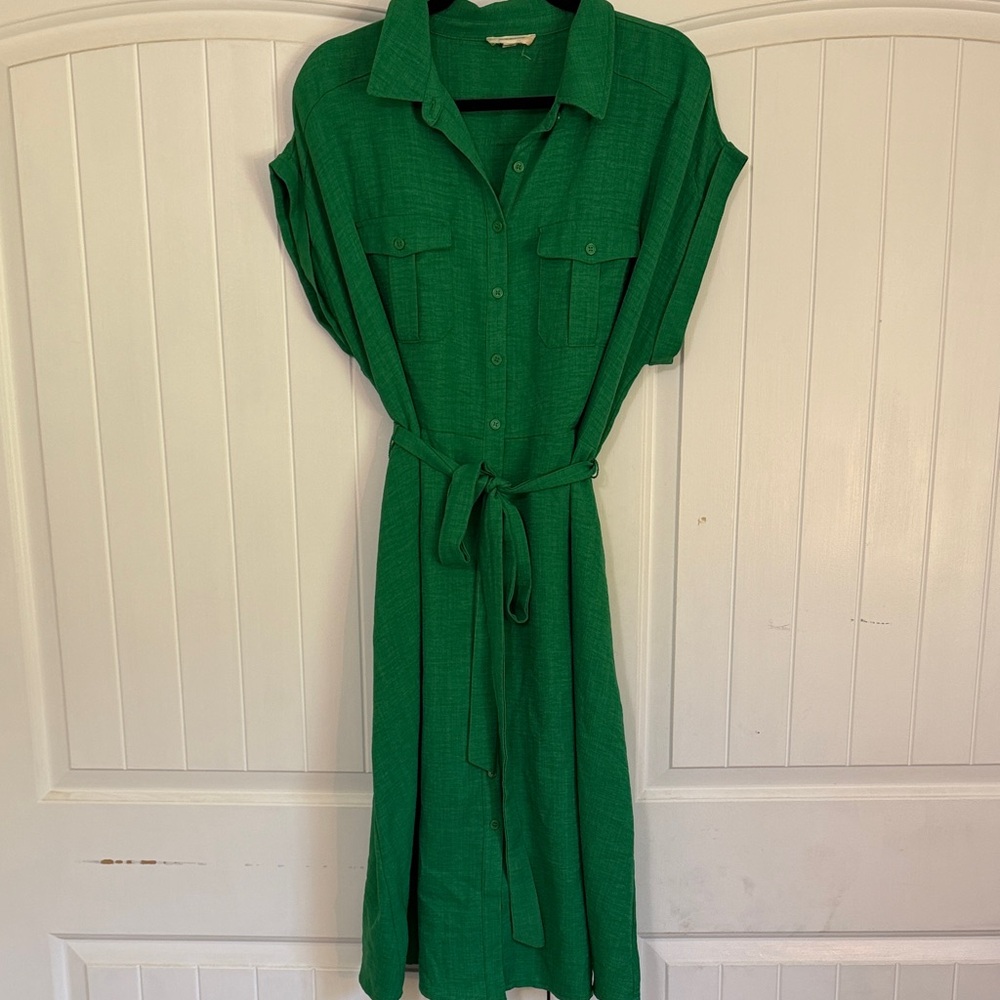 Green Shirt Midi Dress with Tie Waist